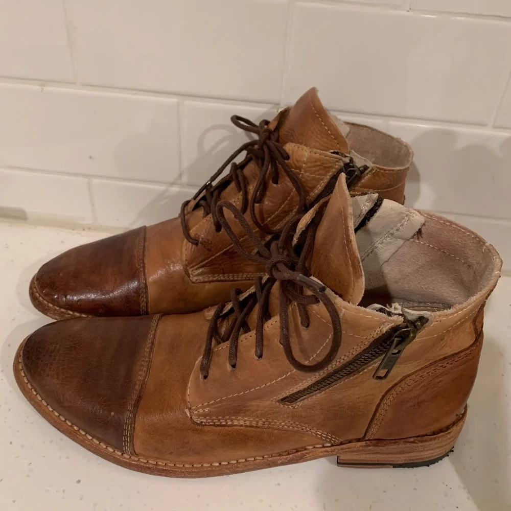 Bed Stu Two-Tone Brown Leather Lace-Up Ankle Boots